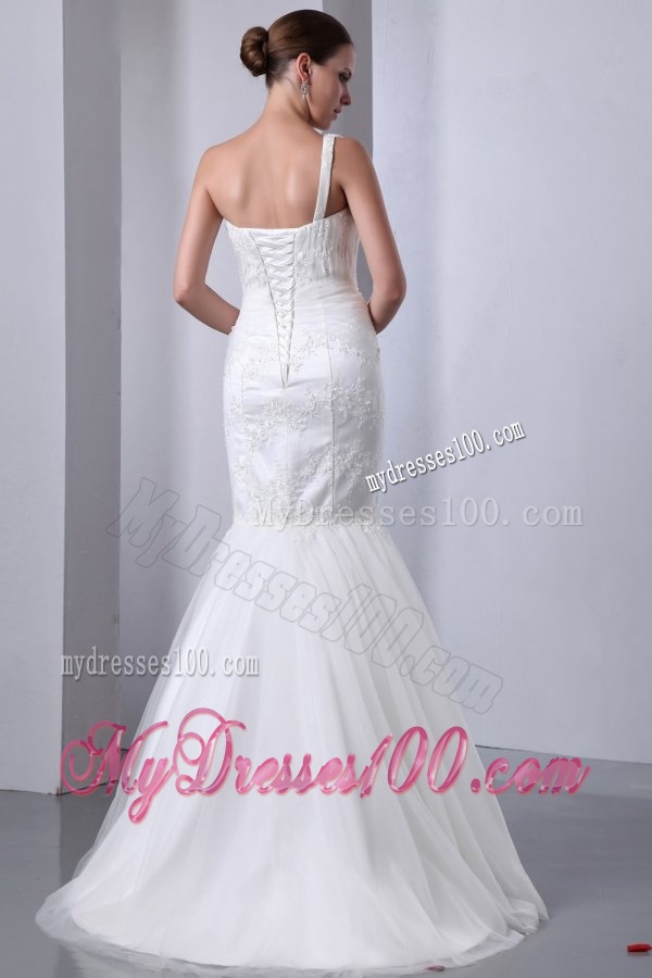 Mermaid One Shoulder Appliques Brush Train Lace Up Tulle Wedding Dress