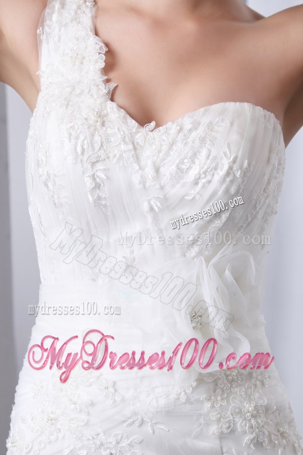 Mermaid One Shoulder Appliques Brush Train Lace Up Tulle Wedding Dress
