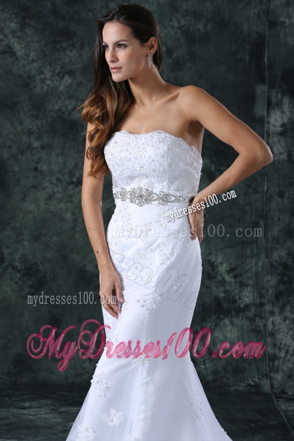 Mermaid Strapless Beading and Lace Tulle and Taffeta Wedding Dress with Court Train