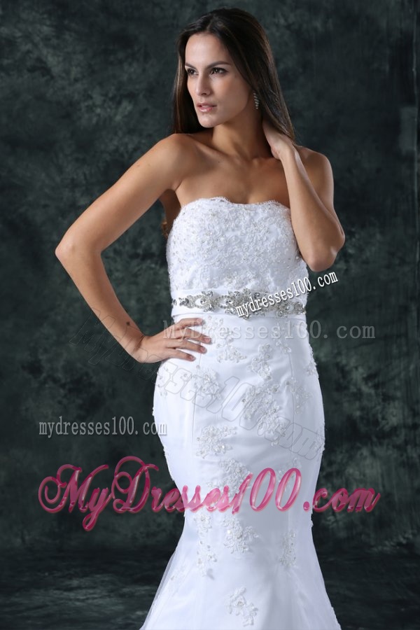 Mermaid Strapless Beading and Lace Tulle and Taffeta Wedding Dress with Court Train