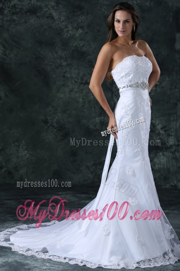 Mermaid Strapless Beading and Lace Tulle and Taffeta Wedding Dress with Court Train
