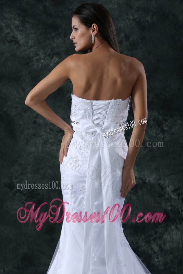 Mermaid Strapless Beading and Lace Tulle and Taffeta Wedding Dress with Court Train