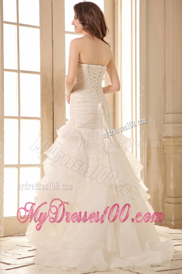 Mermaid Strapless Organza Beaded Decorate Brush Train Wedding Dress