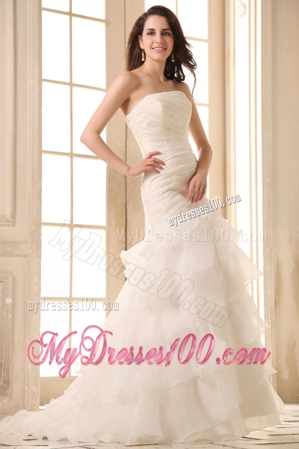 Mermaid Strapless Organza Beaded Decorate Brush Train Wedding Dress
