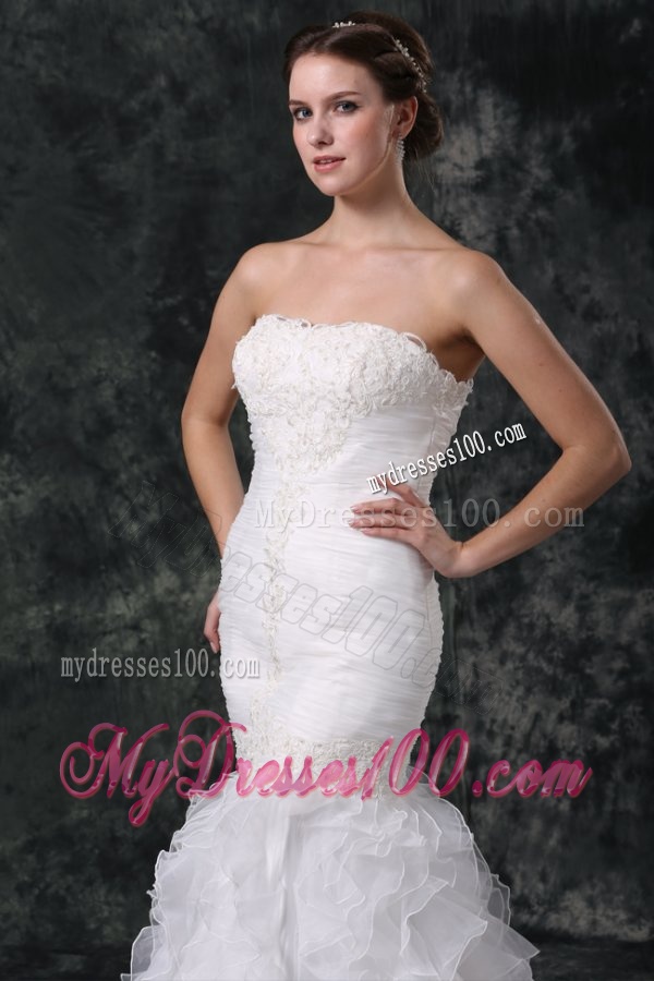 Mermaid Strapless Organza Ruffles and Ruching Wedding Dress with Court Train