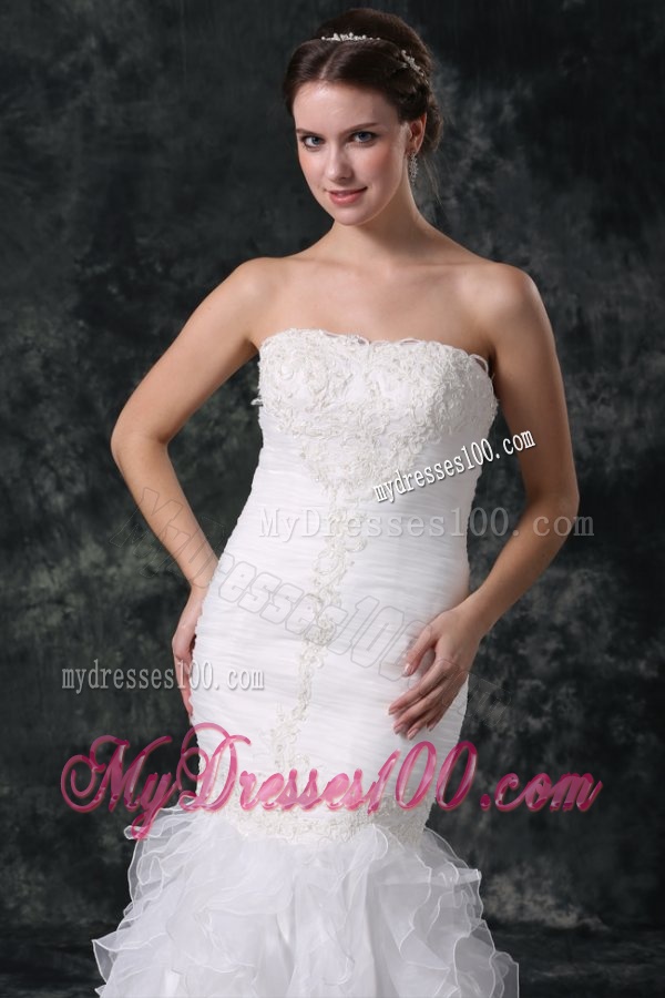 Mermaid Strapless Organza Ruffles and Ruching Wedding Dress with Court Train