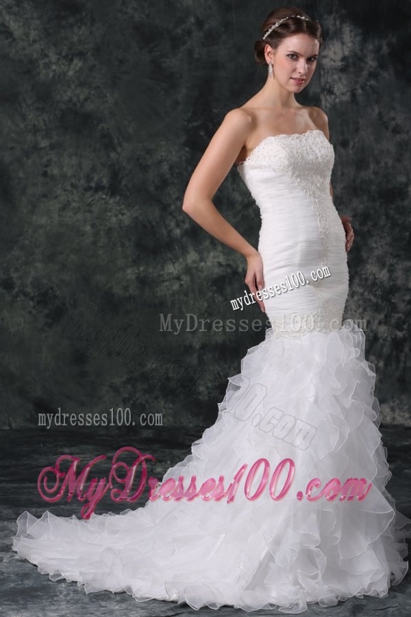 Mermaid Strapless Organza Ruffles and Ruching Wedding Dress with Court Train