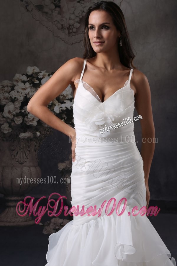 Mermaid Straps Lace Up Organza Ruching Wedding Dress