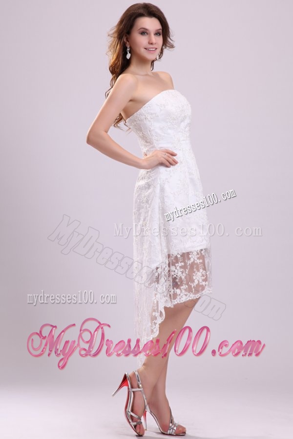 Modest Strapless High-low Lace Wedding Dress for Beach Wedding