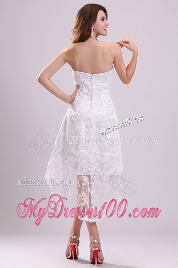 Modest Strapless High-low Lace Wedding Dress for Beach Wedding