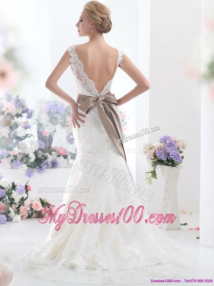 Perfect White Backless Wedding Dresses with Sash and Lace