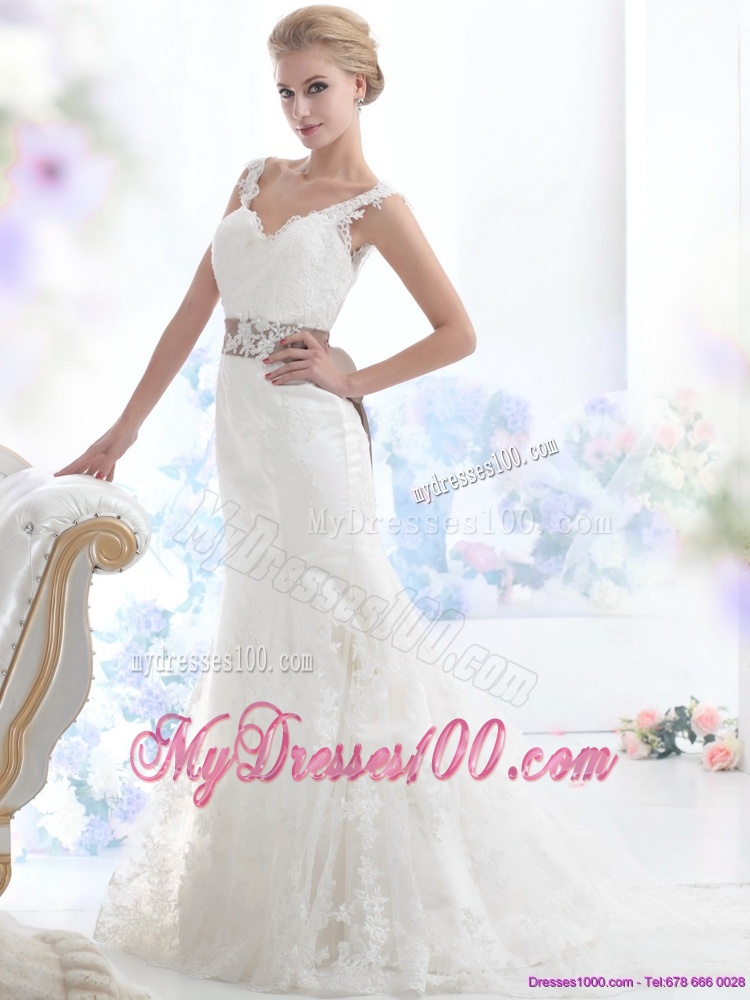 Perfect White Backless Wedding Dresses with Sash and Lace