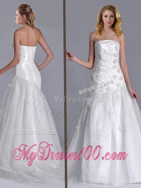 Popular Column Brush Train Bridal Dress with Beading and Hand Crafted