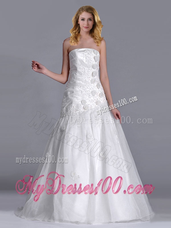Popular Column Brush Train Bridal Dress with Beading and Hand Crafted