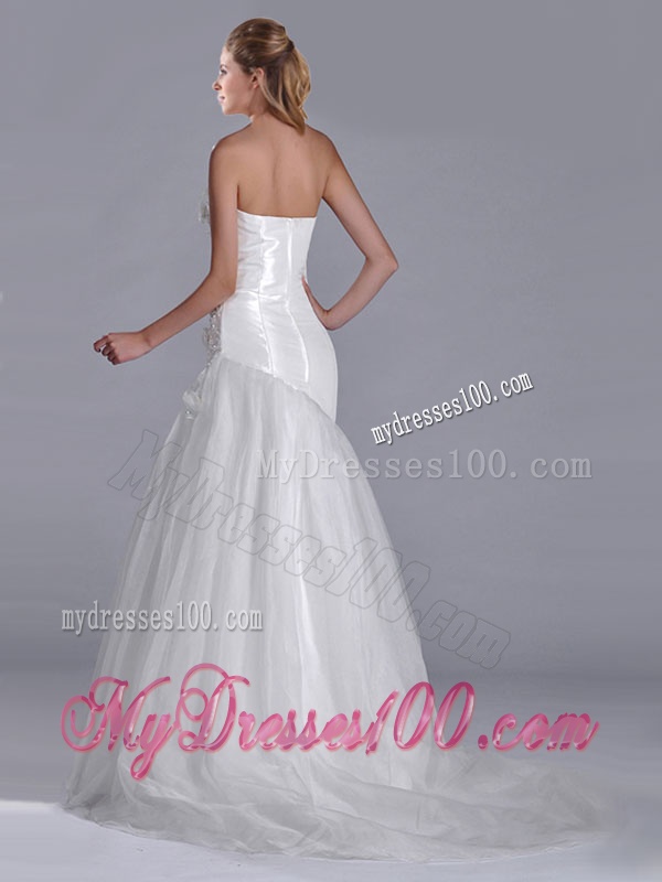 Popular Column Brush Train Bridal Dress with Beading and Hand Crafted