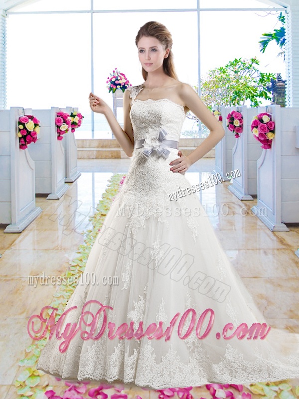 Popular One Shoulder Laced Bridal Gowns with Bowknot