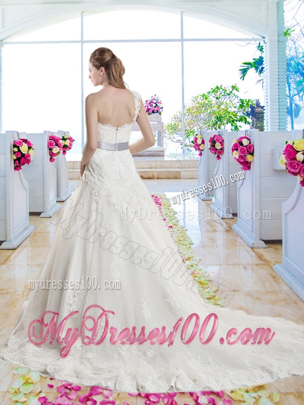 Popular One Shoulder Laced Bridal Gowns with Bowknot