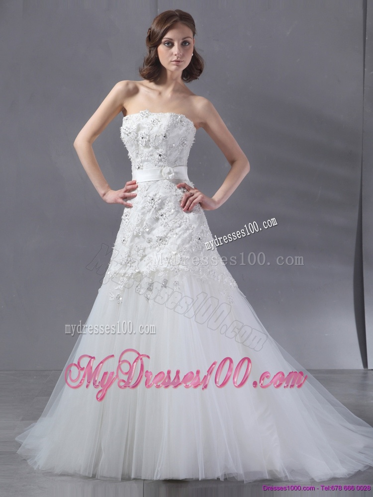 Popular White Strapless Wedding Dresses with Sequins and Brush Train