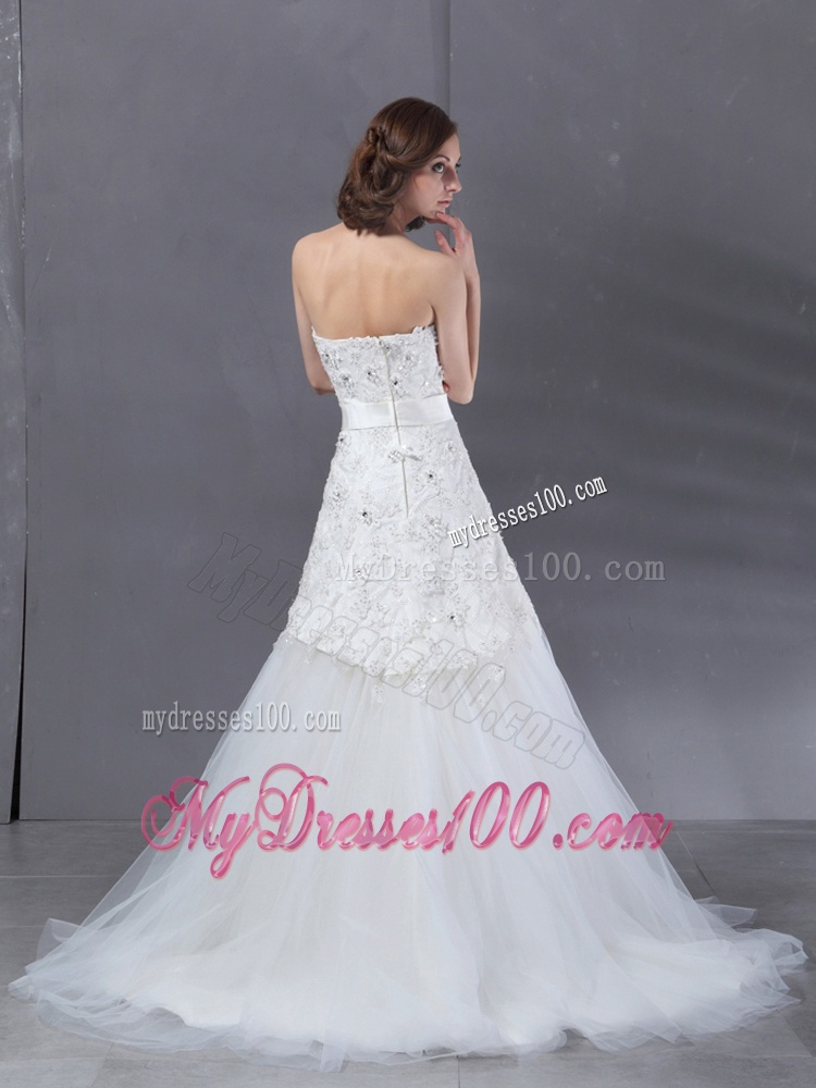 Popular White Strapless Wedding Dresses with Sequins and Brush Train