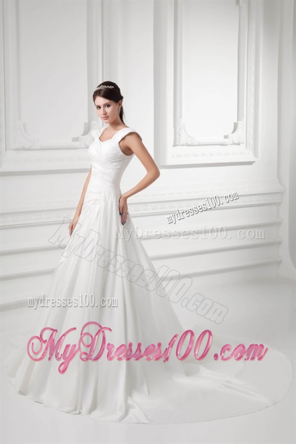 Pretty A-line Straps Chapel Train Wedding Dress with Ruching