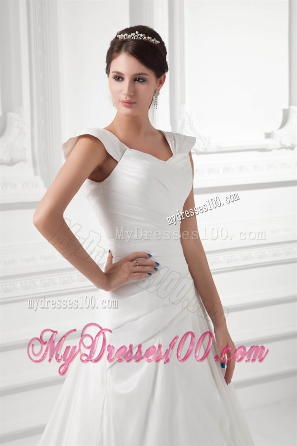 Pretty A-line Straps Chapel Train Wedding Dress with Ruching