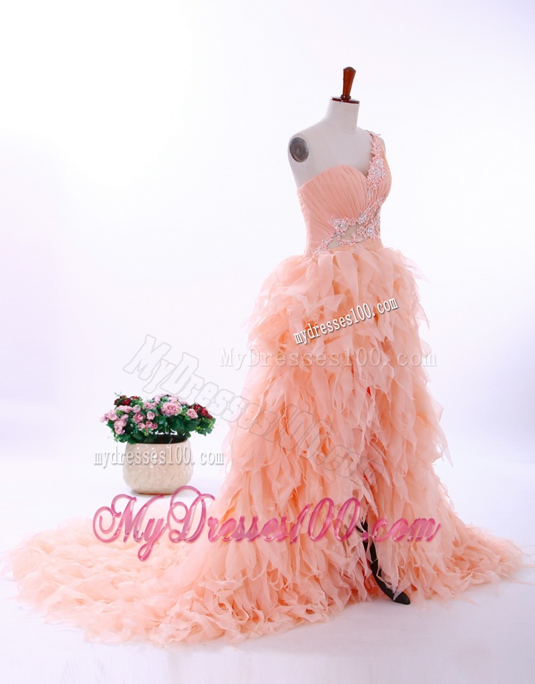 Romantic A Line One Shoulder Ruffles Wedding Gowns in Watermelon Red