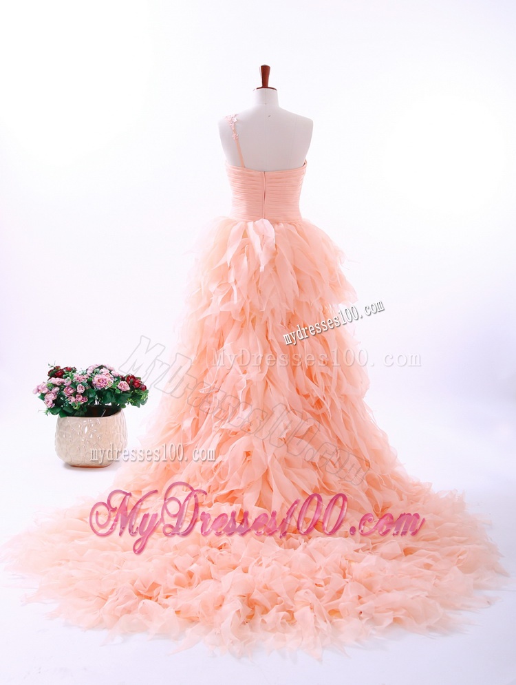Romantic A Line One Shoulder Ruffles Wedding Gowns in Watermelon Red