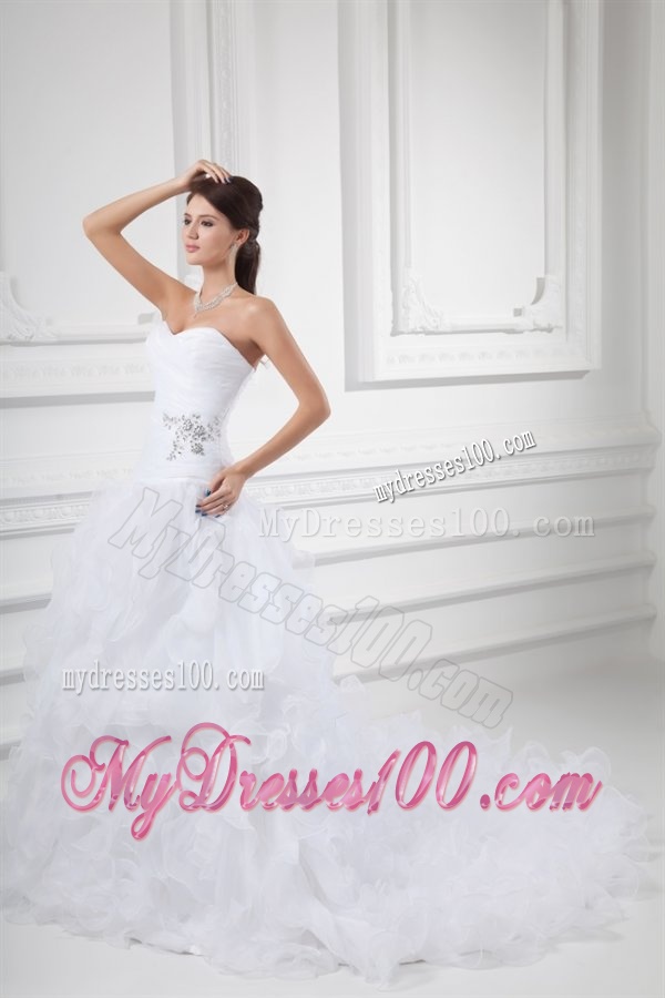Romantic A-line Sweetheart Court Train Wedding Dress with Beading and Ruffles