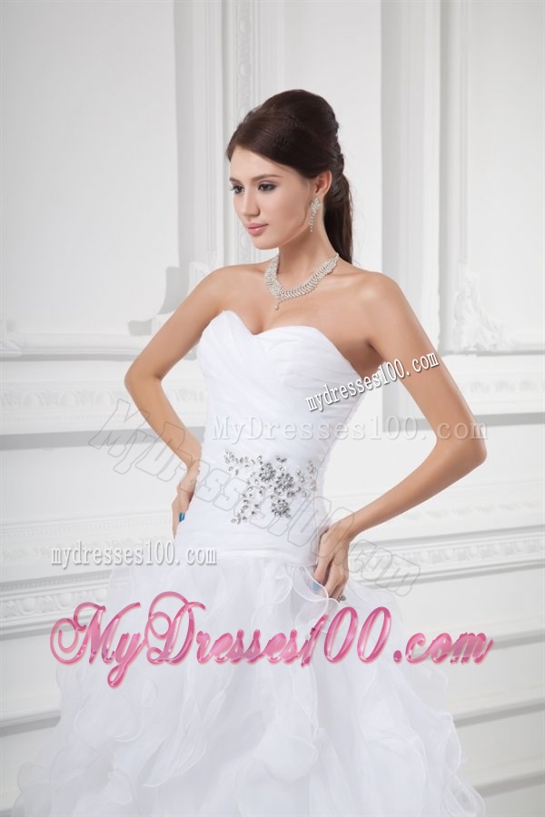 Romantic A-line Sweetheart Court Train Wedding Dress with Beading and Ruffles