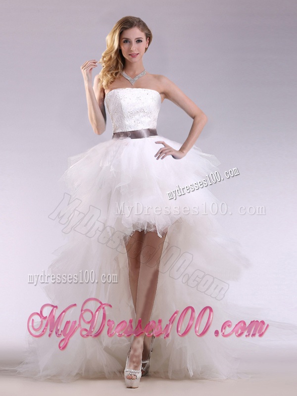Romantic High Low Ruffles and Belt Wedding Dresses with Zipper Up