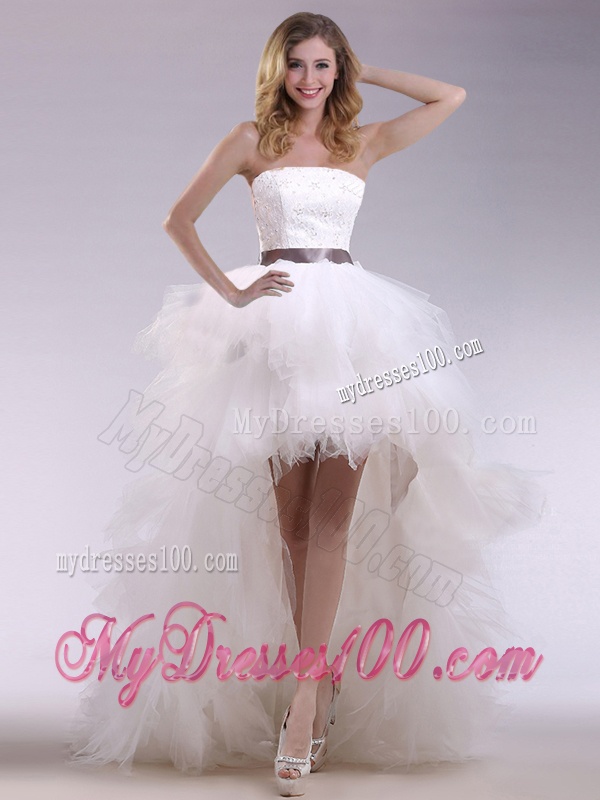 Romantic High Low Ruffles and Belt Wedding Dresses with Zipper Up