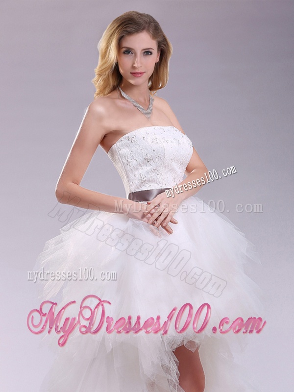 Romantic High Low Ruffles and Belt Wedding Dresses with Zipper Up
