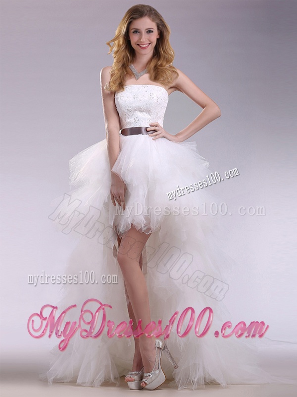Romantic High Low Ruffles and Belt Wedding Dresses with Zipper Up