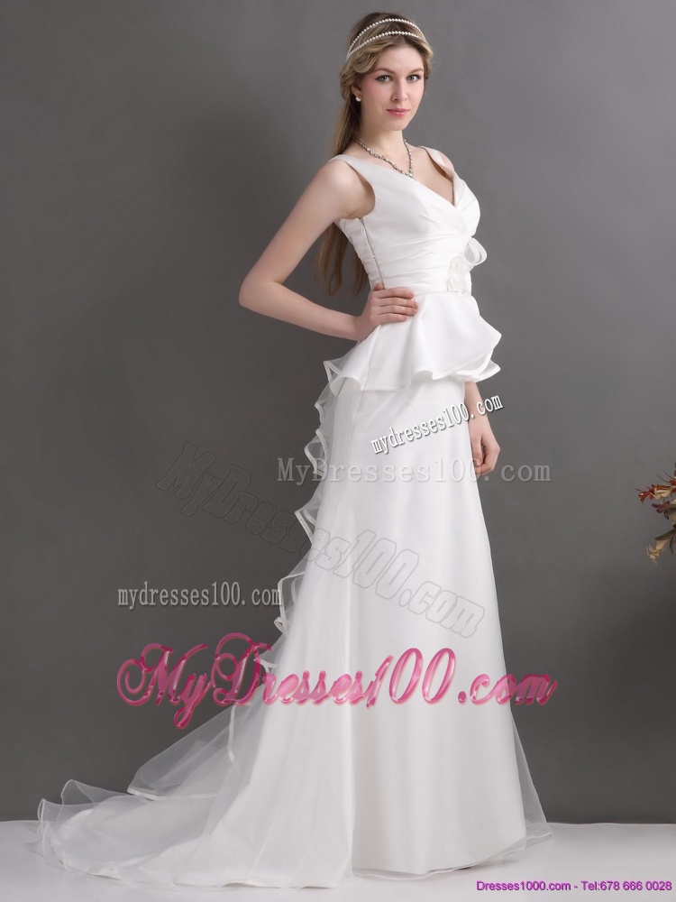 Ruching White V Neck Ruffled 2016 Wedding Dresses with Brush Train