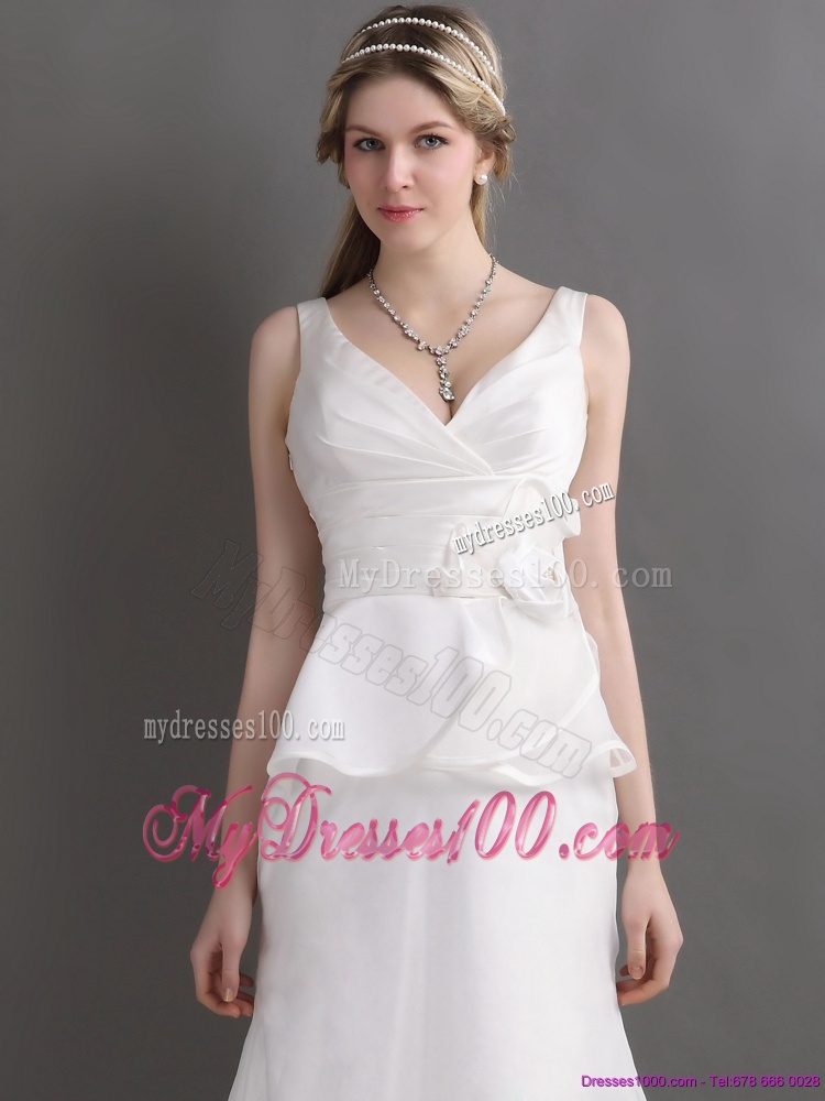 Ruching White V Neck Ruffled 2016 Wedding Dresses with Brush Train