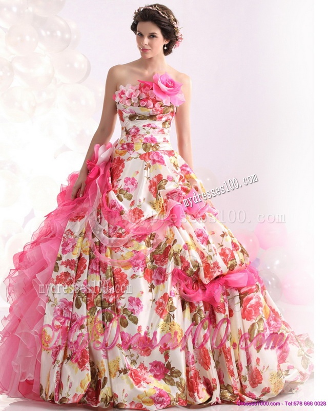 Ruffles Multi Color Bridal Gown with Brush Train and Hand Made Flowers