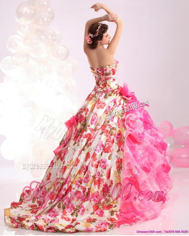 Ruffles Multi Color Bridal Gown with Brush Train and Hand Made Flowers