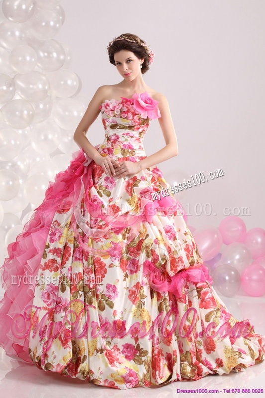 Ruffles Multi Color Bridal Gown with Brush Train and Hand Made Flowers