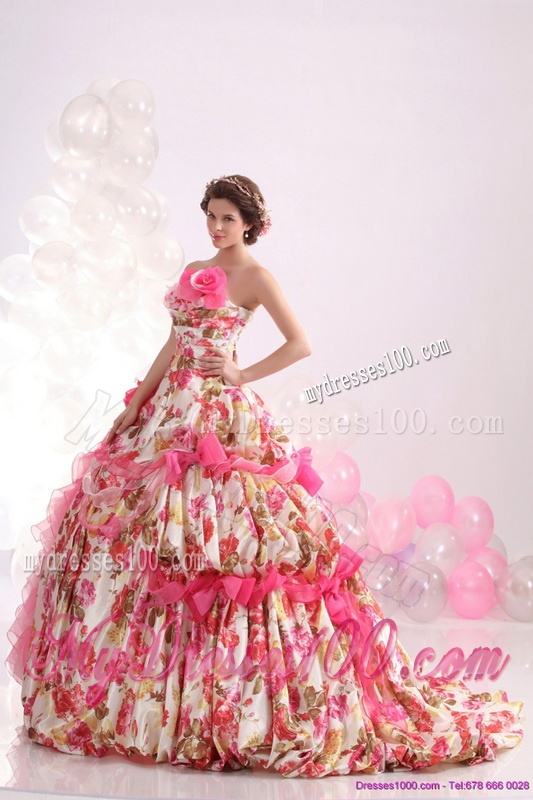 Ruffles Multi Color Bridal Gown with Brush Train and Hand Made Flowers