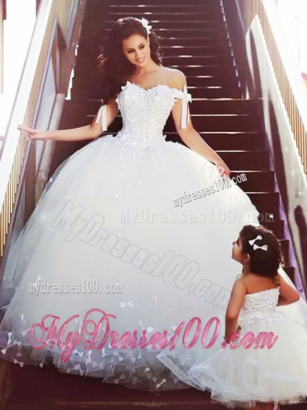 Sophisticated Off the Shoulder Wedding Dresses with Bowknot and Romantic Strapless Flower Girl Dress with Bowknot