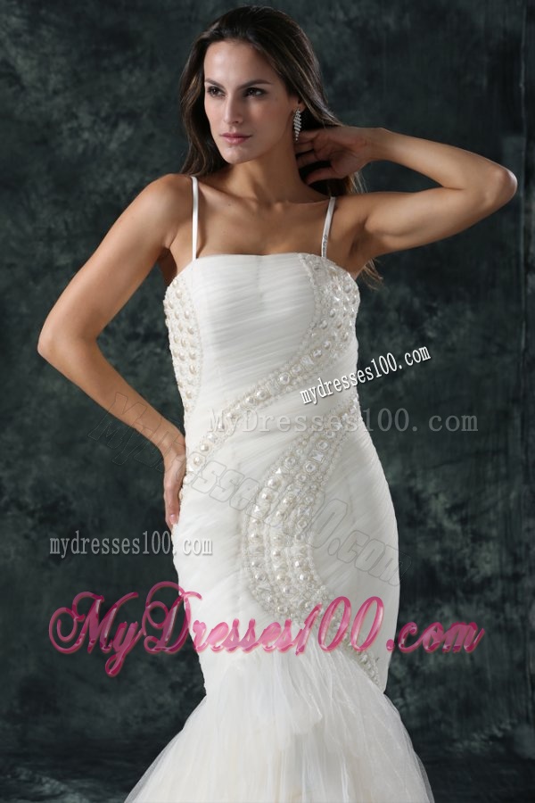 Spaghetti Strap Mermaid Beaded Decorate Tulle Wedding Dress