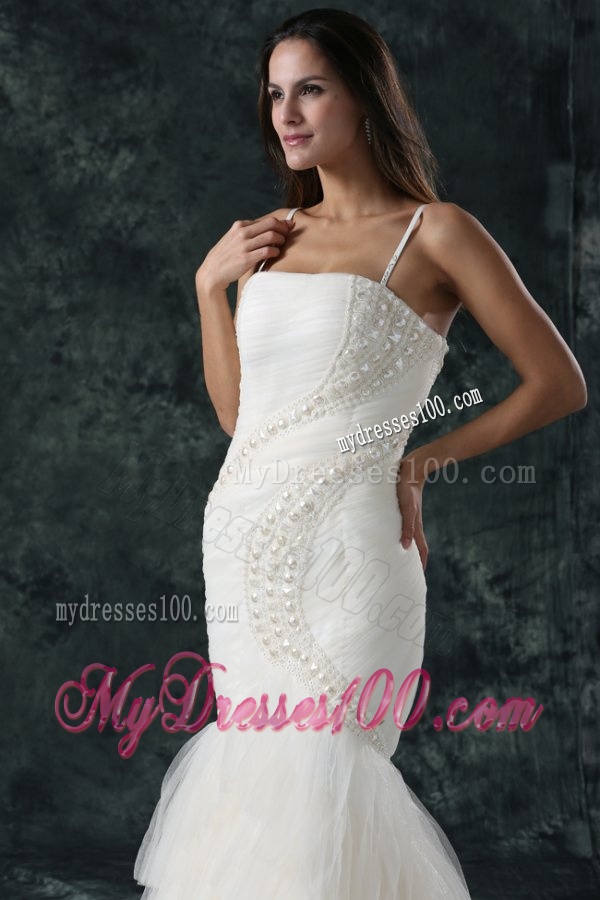 Spaghetti Strap Mermaid Beaded Decorate Tulle Wedding Dress