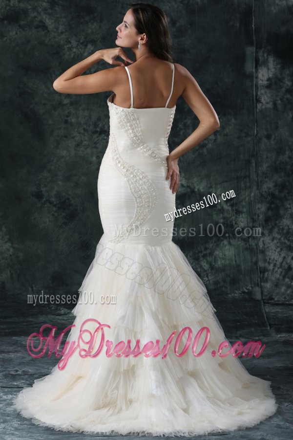 Spaghetti Strap Mermaid Beaded Decorate Tulle Wedding Dress