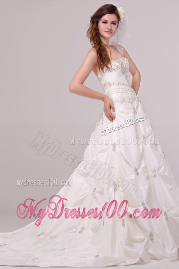 Strapless A-line Appliques and Pick-ups Taffeta Wedding Dress