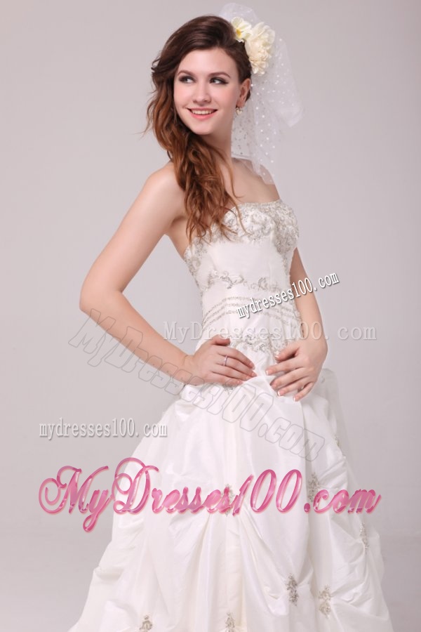 Strapless A-line Appliques and Pick-ups Taffeta Wedding Dress