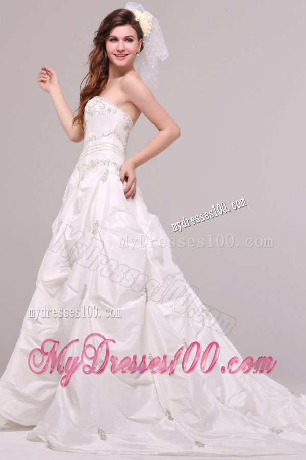 Strapless A-line Appliques and Pick-ups Taffeta Wedding Dress