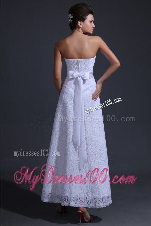 Strapless Empire Ankle-length Lace Wedding Dress with Bowknot