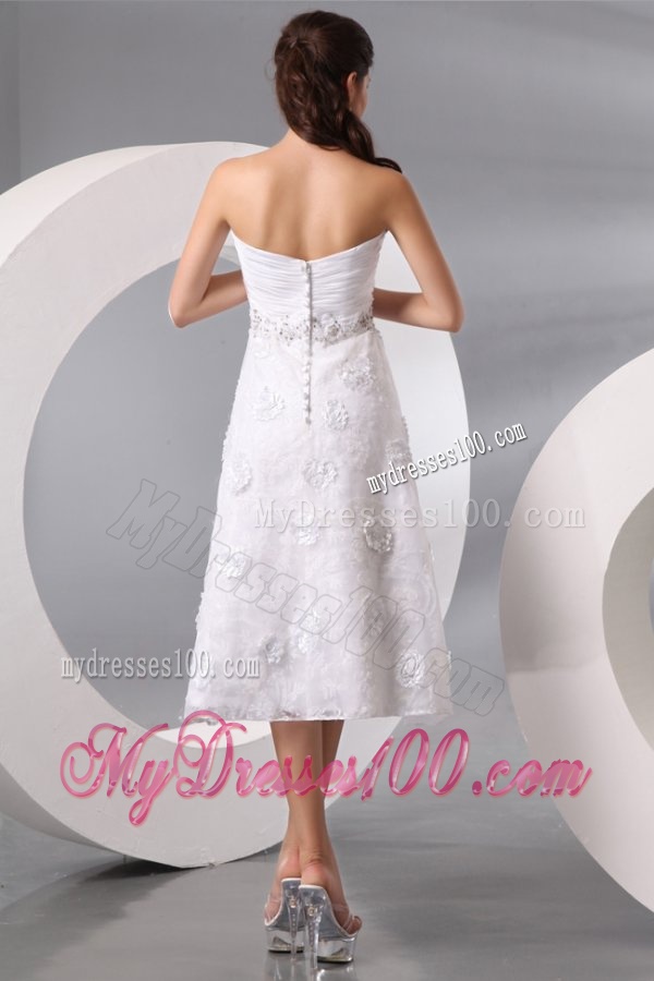 Sweetheart Hand Made Flowers and Beading Tea-length Wedding Dress