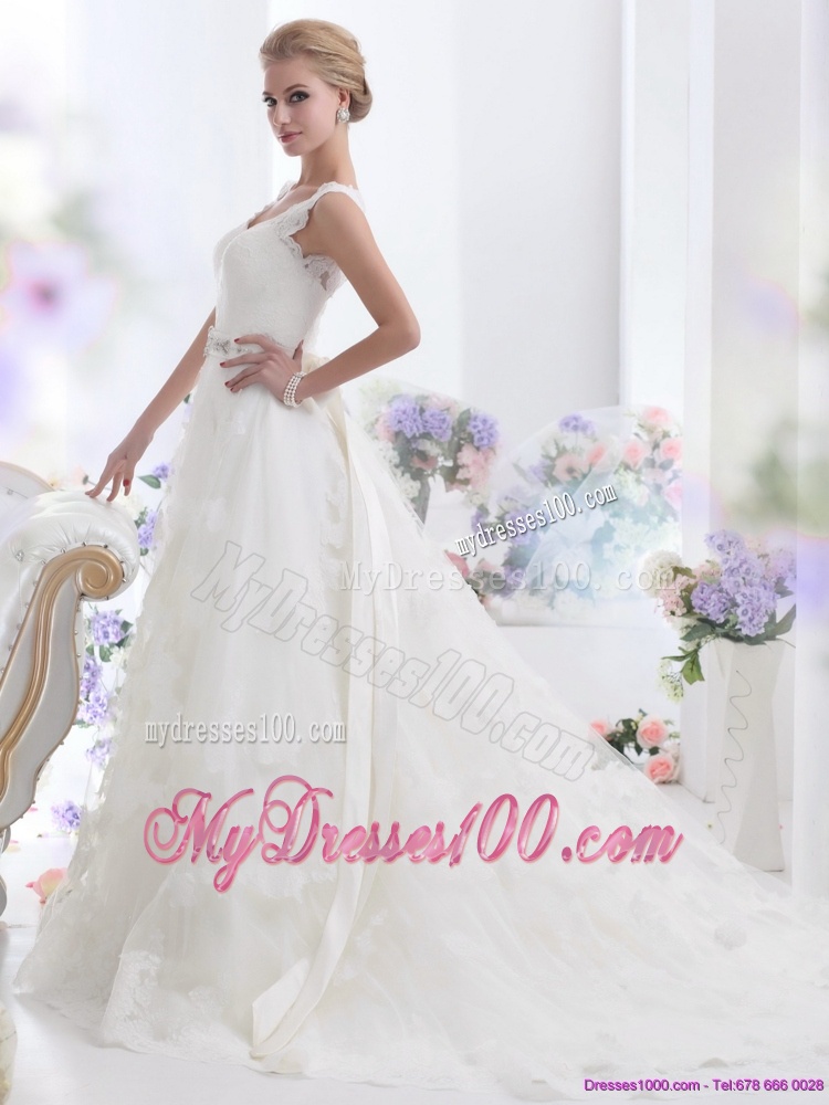 Unique Brush Train White Wedding Dresses with Lace and Beading