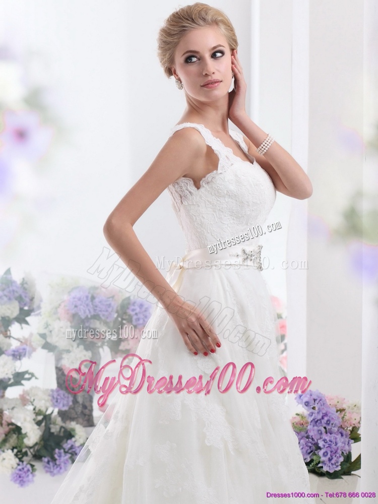 Unique Brush Train White Wedding Dresses with Lace and Beading